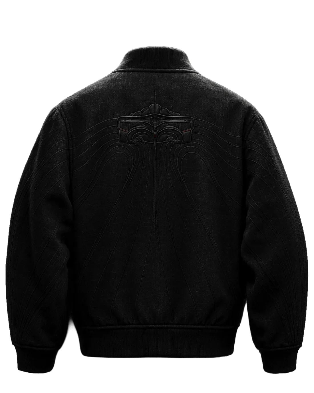 The jacket from behind: the car's airflow embroidered across the back