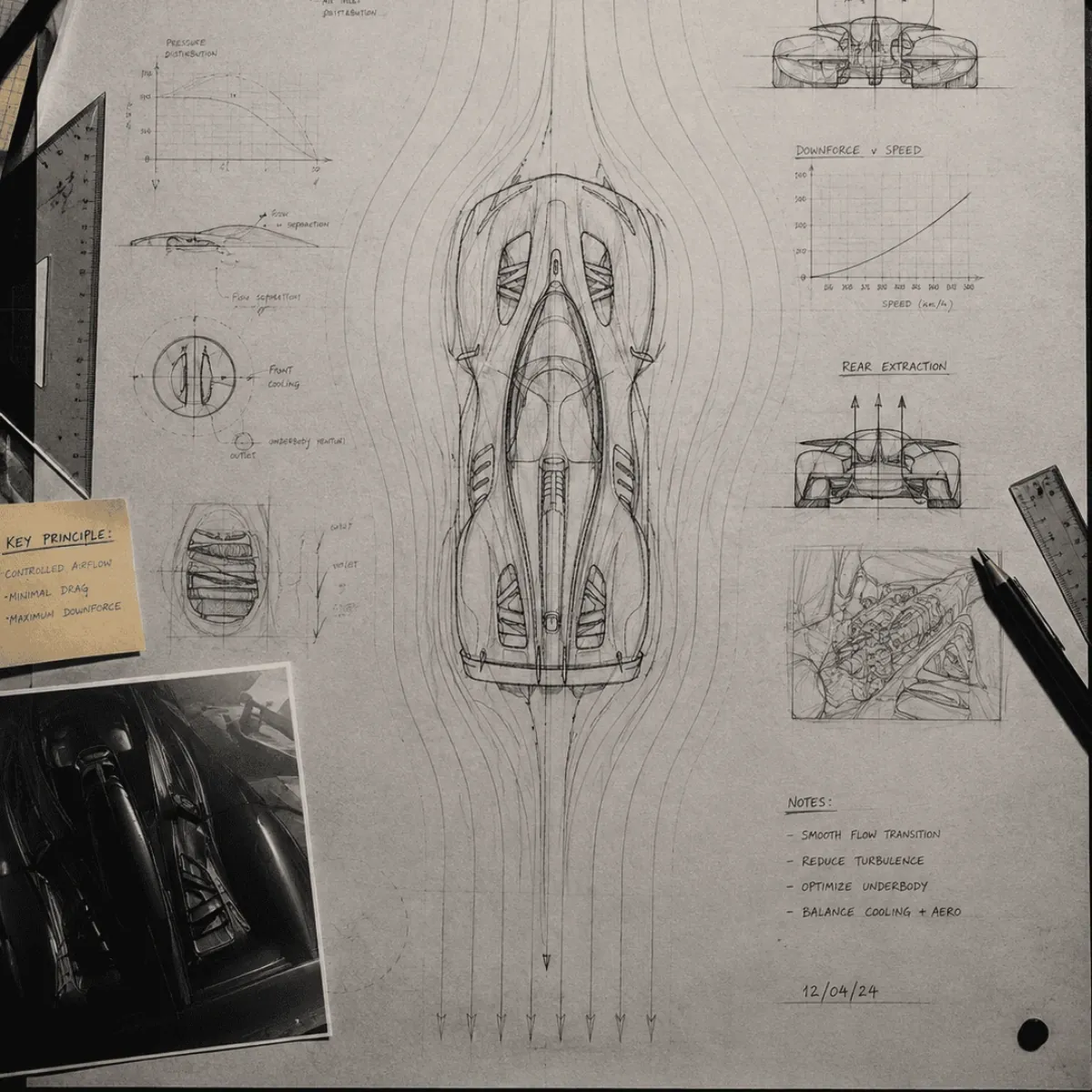 Hand-drawn aerodynamic sketch of the RB17 from above, with streamlines and notes