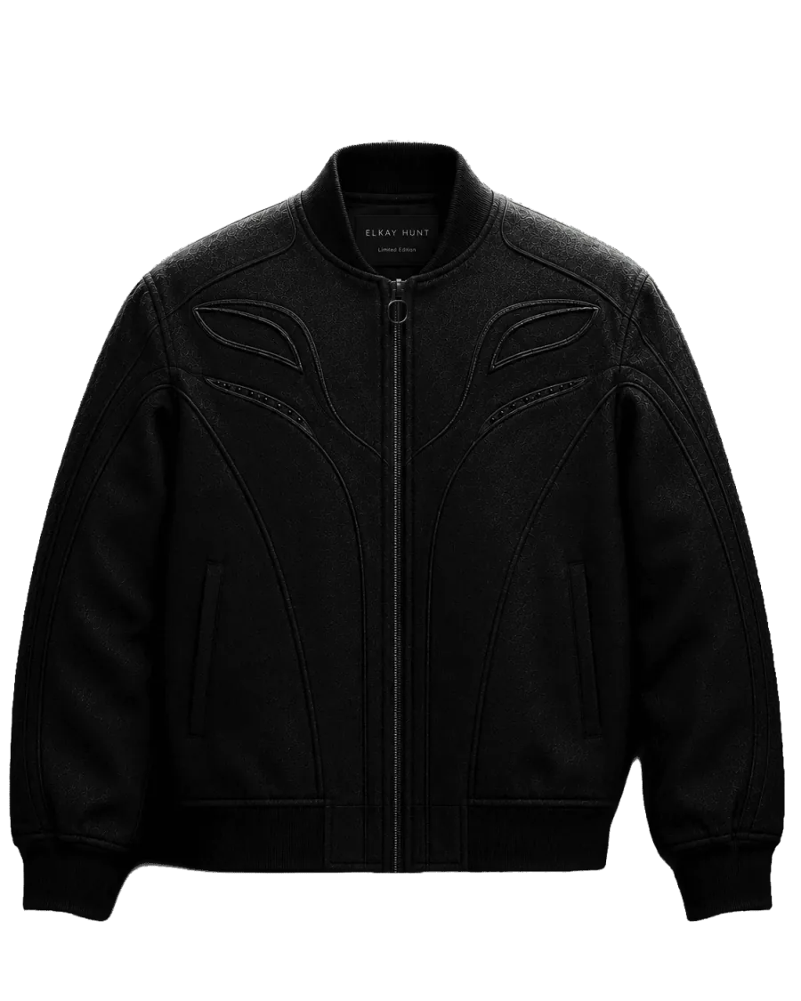The jacket from the front: black, with embroidered chest panels