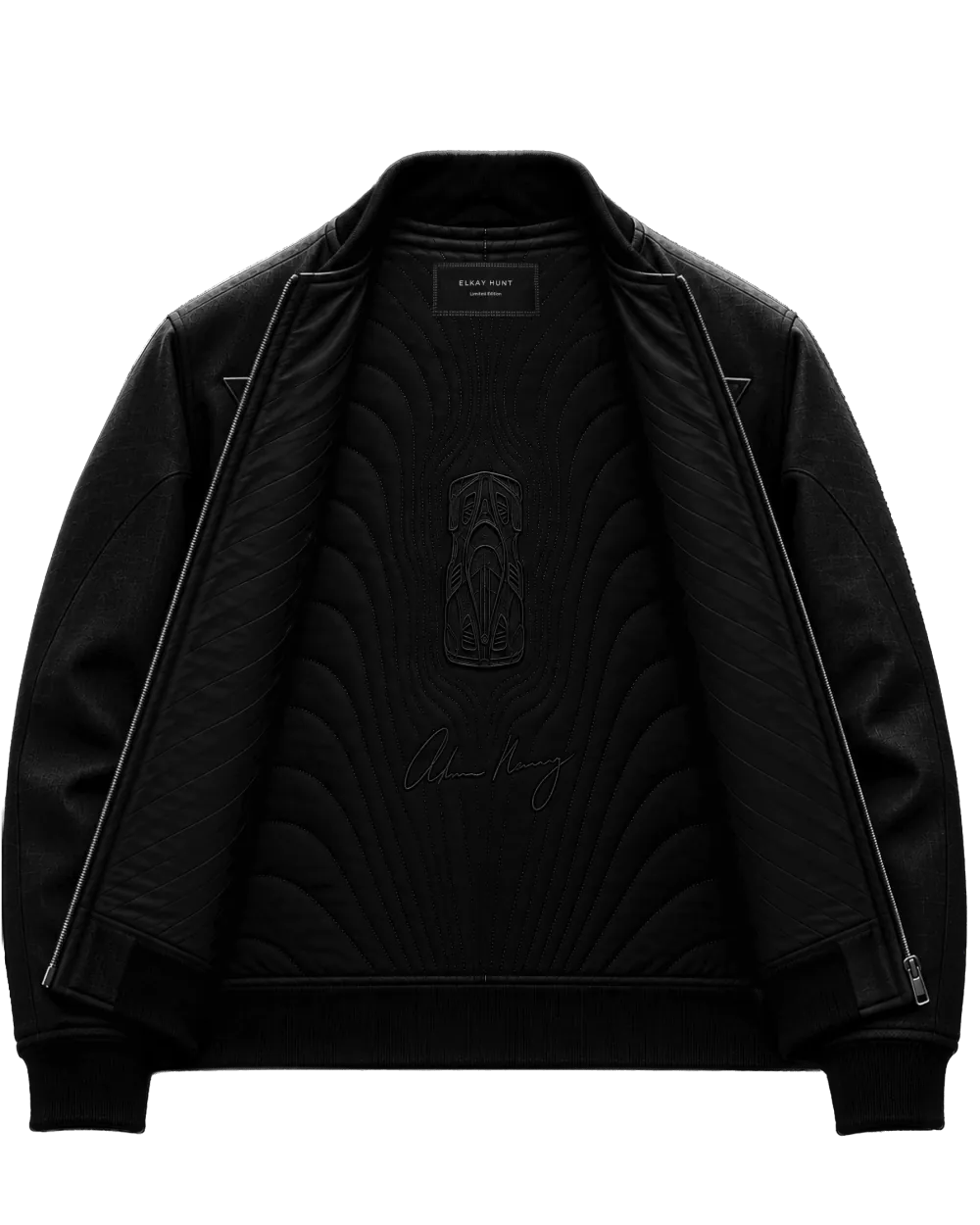 The jacket open, showing the car embroidered into the silk lining