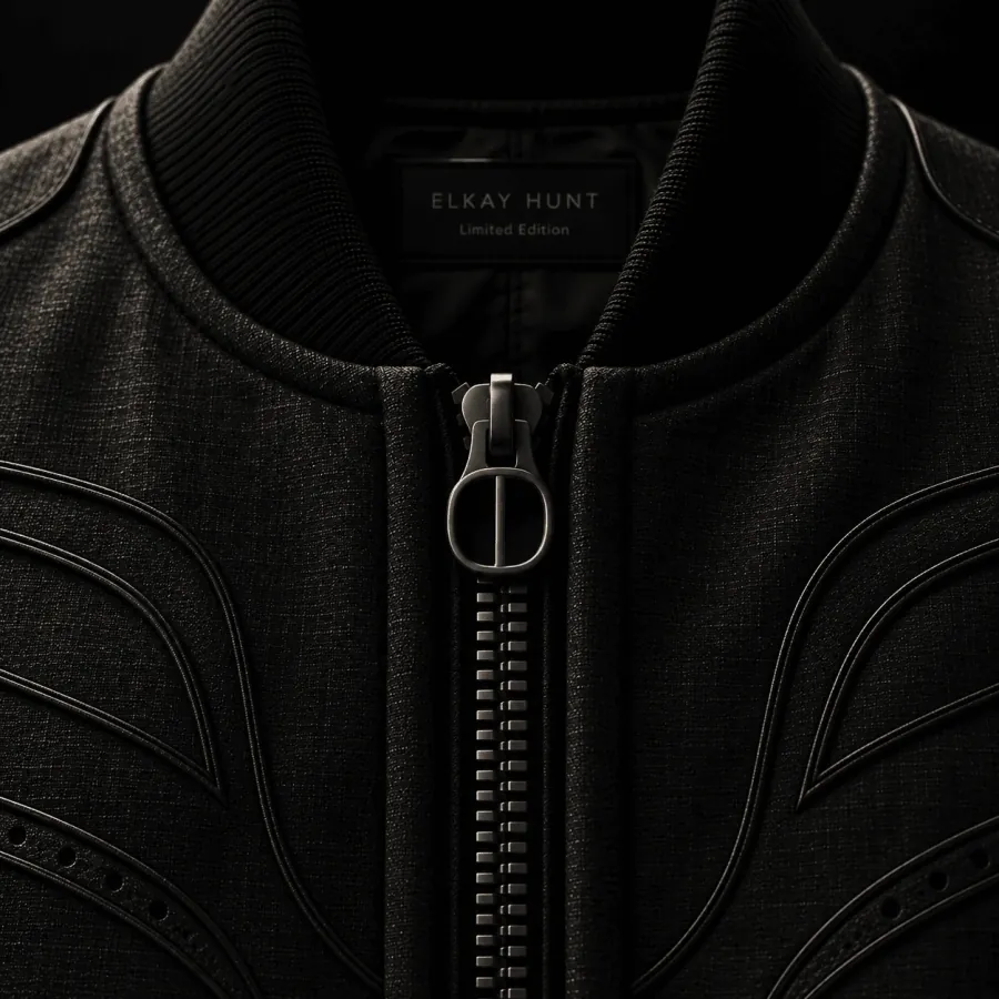 Detail of the collar and zip: silk and linen weave with embroidered panels